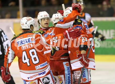 EBEL. Eishockey Bundesliga. EC KAC gegen Moser Medical Graz 99ers. Torjubel Mike Siklenka, Markus Pirmann, Thomas Hundertpfund, Florian Iberer (KAC). Klagenfurt, am 19.2.2013.
Foto: Kuess 


---
pressefotos, pressefotografie, kuess, qs, qspictures, sport, bild, bilder, bilddatenbank