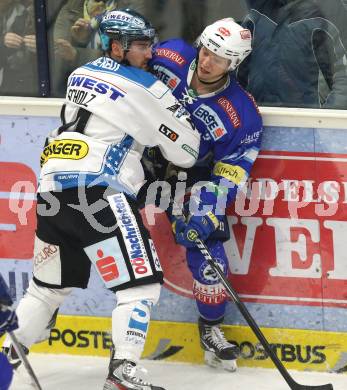 EBEL. Eishockey Bundesliga. EC VSV gegen EHC LIWEST Linz. Antti Pusa (VSV), Fabian Scholz (Linz). Villach, am 26.2.2013.
Foto: Kuess 
---
pressefotos, pressefotografie, kuess, qs, qspictures, sport, bild, bilder, bilddatenbank