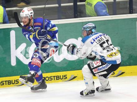 EBEL. Eishockey Bundesliga. EC VSV gegen EHC LIWEST Linz. John Hughes (VSV), Robert Lukas (Linz). Villach, am 26.2.2013.
Foto: Kuess 
---
pressefotos, pressefotografie, kuess, qs, qspictures, sport, bild, bilder, bilddatenbank