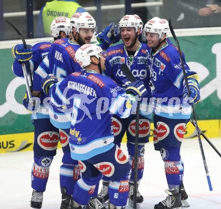 EBEL. Eishockey Bundesliga. EC VSV gegen EHC LIWEST Linz. Torjubel John Hughes, Derek Ryan, Scott Hotham, Gerhard Unterluggauer (VSV). Villach, am 26.2.2013.
Foto: Kuess 
---
pressefotos, pressefotografie, kuess, qs, qspictures, sport, bild, bilder, bilddatenbank