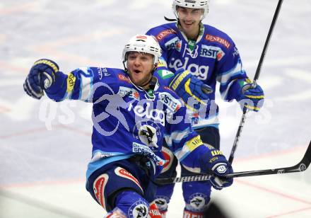 EBEL. Eishockey Bundesliga. EC VSV gegen EHC LIWEST Linz. Torjubel john Hughes, Klemen Pretnar (VSV),  (Linz). Villach, am 26.2.2013.
Foto: Kuess 
---
pressefotos, pressefotografie, kuess, qs, qspictures, sport, bild, bilder, bilddatenbank