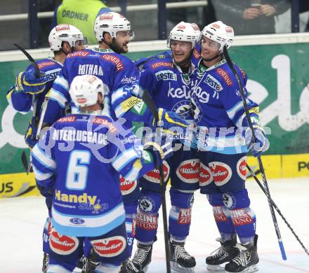 EBEL. Eishockey Bundesliga. EC VSV gegen EHC LIWEST Linz. Torjubel John Hughes, Derek Ryan, Scott Hotham, Gerhard Unterluggauer (VSV). Villach, am 26.2.2013.
Foto: Kuess 
---
pressefotos, pressefotografie, kuess, qs, qspictures, sport, bild, bilder, bilddatenbank