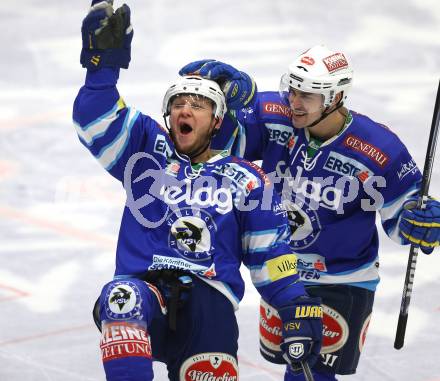 EBEL. Eishockey Bundesliga. EC VSV gegen EHC LIWEST Linz. Torjubel john Hughes, Klemen Pretnar (VSV),  (Linz). Villach, am 26.2.2013.
Foto: Kuess 
---
pressefotos, pressefotografie, kuess, qs, qspictures, sport, bild, bilder, bilddatenbank