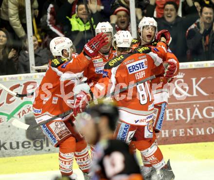 EBEL. Eishockey Bundesliga. EC KAC gegen Moser Medical Graz 99ers. Torjubel John Lammers, Jamie Lundmark, Maximilian Isopp (KAC). Klagenfurt, am 1.3.2013.
Foto: Kuess 


---
pressefotos, pressefotografie, kuess, qs, qspictures, sport, bild, bilder, bilddatenbank