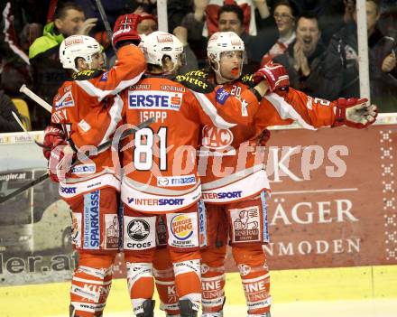 EBEL. Eishockey Bundesliga. EC KAC gegen Moser Medical Graz 99ers. Torjubel John Lammers, Jamie Lundmark, Maximilian Isopp (KAC). Klagenfurt, am 1.3.2013.
Foto: Kuess 


---
pressefotos, pressefotografie, kuess, qs, qspictures, sport, bild, bilder, bilddatenbank