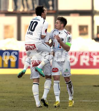 Fussball. Bundesliga. RZ Pellets WAC gegen SK Rapid Wien.   Torjubel Mihret Topcagic, Michael Sollbauer, Michael Liendl (WAC). Wolfsberg, 3.3.2013.
Foto: Kuess

---
pressefotos, pressefotografie, kuess, qs, qspictures, sport, bild, bilder, bilddatenbank