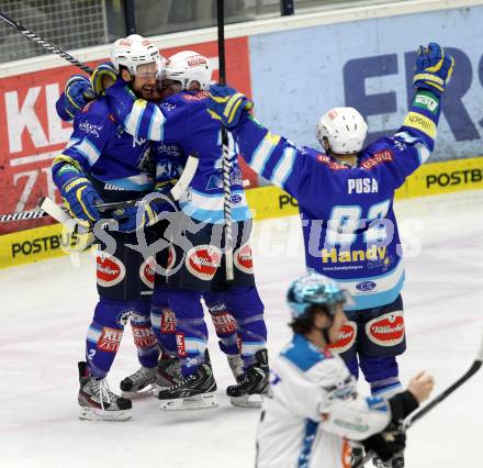 EBEL. Eishockey Bundesliga. EC VSV gegen EHC LIWEST Linz.  Torjubel  COLE Brad, PEWAL Marco, GOEHRINGER Marius (VSV). Villach, am 3.3.2013.
Foto: Kuess 


---
pressefotos, pressefotografie, kuess, qs, qspictures, sport, bild, bilder, bilddatenbank