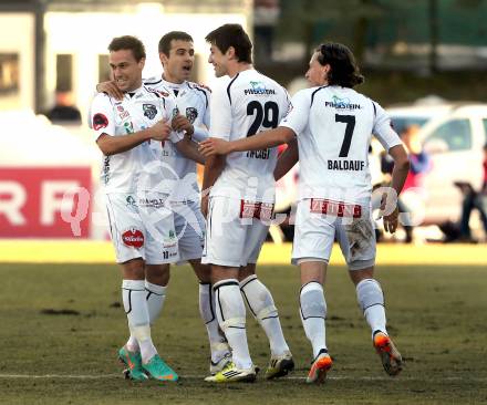 Fussball. Bundesliga. RZ Pellets WAC gegen SK Rapid Wien.   Torjubel Mihret Topcagic,  Michael Liendl, Nenad Jovanovic, Dario Baldauf (WAC). Wolfsberg, 3.3.2013.
Foto: Kuess

---
pressefotos, pressefotografie, kuess, qs, qspictures, sport, bild, bilder, bilddatenbank