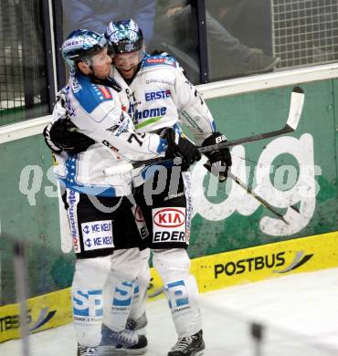 EBEL. Eishockey Bundesliga. EC VSV gegen EHC LIWEST Linz.  Torjubel  LEAHY Patrick, BAUMGARTNER Gregor (Linz). Villach, am 3.3.2013.
Foto: Kuess 


---
pressefotos, pressefotografie, kuess, qs, qspictures, sport, bild, bilder, bilddatenbank