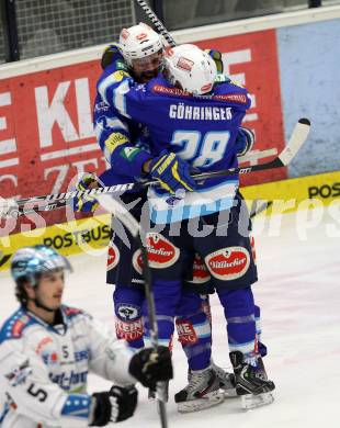 EBEL. Eishockey Bundesliga. EC VSV gegen EHC LIWEST Linz.  Torjubel  COLE Brad, PEWAL Marco, GOEHRINGER Marius (VSV). Villach, am 3.3.2013.
Foto: Kuess 


---
pressefotos, pressefotografie, kuess, qs, qspictures, sport, bild, bilder, bilddatenbank