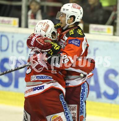 EBEL. Eishockey Bundesliga. KAC gegen Moser Medical Graz 99ers. Torjubel Tyler Spurgeon, Raphael Herburger (KAC). Klagenfurt, am 5.3.2013.
Foto: Kuess
---
pressefotos, pressefotografie, kuess, qs, qspictures, sport, bild, bilder, bilddatenbank