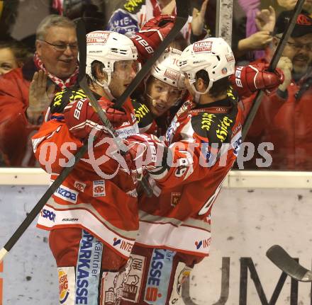 EBEL. Eishockey Bundesliga. KAC gegen Moser Medical Graz 99ers. Torjubel Tyler Spurgeon, Tyler Scofield, Raphael Herburger (KAC). Klagenfurt, am 5.3.2013.
Foto: Kuess
---
pressefotos, pressefotografie, kuess, qs, qspictures, sport, bild, bilder, bilddatenbank