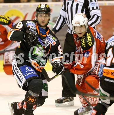 EBEL. Eishockey Bundesliga. EC KAC gegen Moser Medical Graz 99ers. Tyler Spurgeon, (KAC),  Robert Wren  (Graz). Klagenfurt, am 5.3.2013.
Foto: Kuess 


---
pressefotos, pressefotografie, kuess, qs, qspictures, sport, bild, bilder, bilddatenbank