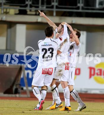 Fussball. Bundesliga. RZ Pellets WAC gegen  FC Red Bull Salzburg.  Torjubel Ruben Rivera, Sandro Zakany, Mario Kroepfl  (WAC). Wolfsberg, 6.3.2013.
Foto: Kuess

---
pressefotos, pressefotografie, kuess, qs, qspictures, sport, bild, bilder, bilddatenbank