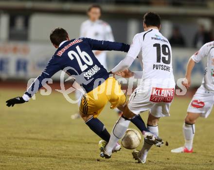 Fussball. Bundesliga. RZ Pellets WAC gegen  FC Red Bull Salzburg.  Roland Putsche,   (WAC), Soriano Casas Jonatan (Salzburg). Wolfsberg, 6.3.2013.
Foto: Kuess

---
pressefotos, pressefotografie, kuess, qs, qspictures, sport, bild, bilder, bilddatenbank