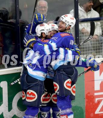 EBEL. Eishockey Bundesliga. EC VSV gegen EHC LIWEST Linz. Torjubel Markus Peintner, Benjamin Petrik, Mario Altmann (VSV). Villach, am 8.3.2013.
Foto: Kuess 


---
pressefotos, pressefotografie, kuess, qs, qspictures, sport, bild, bilder, bilddatenbank