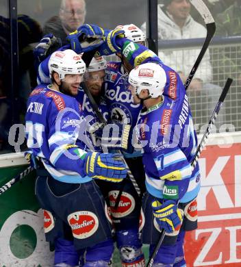 EBEL. Eishockey Bundesliga. EC VSV gegen EHC LIWEST Linz.  Torjubel Markus Peintner, Benjamin Petrik, Mario Altmann, Klemen Pretnar (VSV). Villach, am 8.3.2013.
Foto: Kuess 


---
pressefotos, pressefotografie, kuess, qs, qspictures, sport, bild, bilder, bilddatenbank