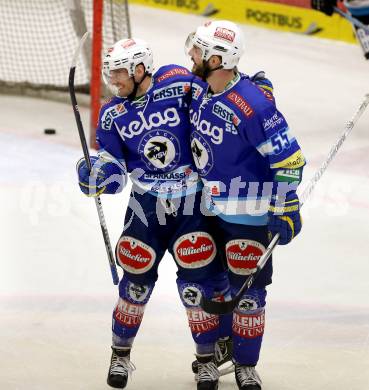 EBEL. Eishockey Bundesliga. EC VSV gegen EHC LIWEST Linz. Torjubel Derek Ryan, Scott Hotham (VSV). Villach, am 8.3.2013.
Foto: Kuess 


---
pressefotos, pressefotografie, kuess, qs, qspictures, sport, bild, bilder, bilddatenbank