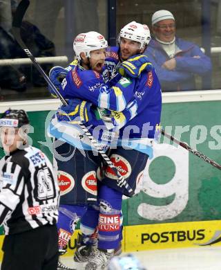 EBEL. Eishockey Bundesliga. EC VSV gegen EHC LIWEST Linz. Torjubel Markus Peintner, Benjamin Petrik (VSV). Villach, am 8.3.2013.
Foto: Kuess 


---
pressefotos, pressefotografie, kuess, qs, qspictures, sport, bild, bilder, bilddatenbank