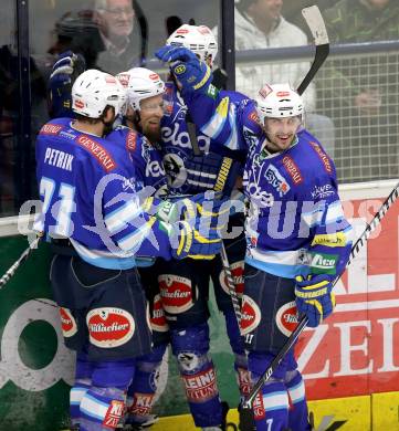 EBEL. Eishockey Bundesliga. EC VSV gegen EHC LIWEST Linz.  Torjubel Markus Peintner, Benjamin Petrik, Mario Altmann, Klemen Pretnar (VSV). Villach, am 8.3.2013.
Foto: Kuess 


---
pressefotos, pressefotografie, kuess, qs, qspictures, sport, bild, bilder, bilddatenbank