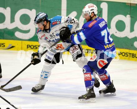 EBEL. Eishockey Bundesliga. EC VSV gegen EHC LIWEST Linz. John Hughes,  (VSV),  Philipp Lukas (Linz). Villach, am 8.3.2013.
Foto: Kuess 


---
pressefotos, pressefotografie, kuess, qs, qspictures, sport, bild, bilder, bilddatenbank