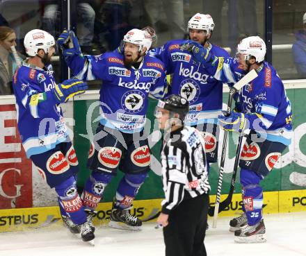 EBEL. Eishockey Bundesliga. EC VSV gegen EHC LIWEST Linz. Torjubel Markus Peintner, Benjamin Petrik, Scott Hotham, Marco Pewal (VSV). Villach, am 8.3.2013.
Foto: Kuess 


---
pressefotos, pressefotografie, kuess, qs, qspictures, sport, bild, bilder, bilddatenbank