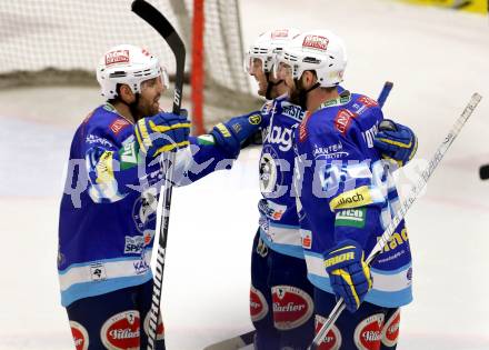 EBEL. Eishockey Bundesliga. EC VSV gegen EHC LIWEST Linz. Torjubel Derek Ryan, Scott Hotham, Derek Damon (VSV). Villach, am 8.3.2013.
Foto: Kuess 


---
pressefotos, pressefotografie, kuess, qs, qspictures, sport, bild, bilder, bilddatenbank