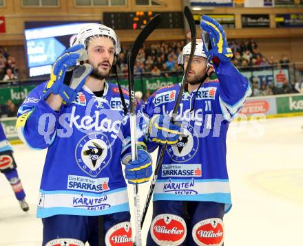 EBEL. Eishockey Bundesliga. EC VSV gegen EHC LIWEST Linz. Jubel Scott Hotham, Derek Damon (VSV). Villach, am 8.3.2013.
Foto: Kuess 


---
pressefotos, pressefotografie, kuess, qs, qspictures, sport, bild, bilder, bilddatenbank