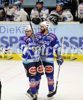 EBEL. Eishockey Bundesliga. EC VSV gegen EHC LIWEST Linz.  Torjubel Daniel Nageler, Scott Hotham (VSV). Villach, am 8.3.2013.
Foto: Kuess 


---
pressefotos, pressefotografie, kuess, qs, qspictures, sport, bild, bilder, bilddatenbank