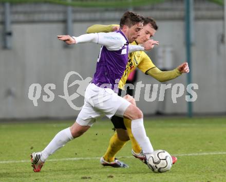 Fussball Regionalliga. SK Austria Klagenfurt gegen Allerheiligen. Grega Triplat,  (Klagenfurt), Robert Kothleitner (Allerheiligen). Klagenfurt, 12.3.2013
Foto: Kuess

---
pressefotos, pressefotografie, kuess, qs, qspictures, sport, bild, bilder, bilddatenbank