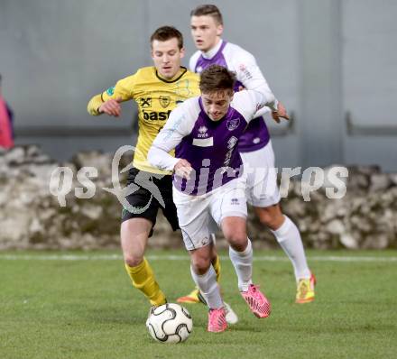 Fussball Regionalliga. SK Austria Klagenfurt gegen Allerheiligen. Grega Triplat, (Klagenfurt), Marko Kocever (Allerheiligen). Klagenfurt, 12.3.2013
Foto: Kuess

---
pressefotos, pressefotografie, kuess, qs, qspictures, sport, bild, bilder, bilddatenbank