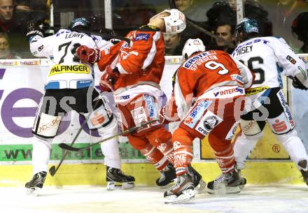 EBEL. Eishockey Bundesliga. EC KAC gegen EHC Liwest Black Wings Linz.  Johannes Kirisits (KAC), Patrick Leahy (Linz). Klagenfurt, am 15.3.2013.
Foto: Kuess 


---
pressefotos, pressefotografie, kuess, qs, qspictures, sport, bild, bilder, bilddatenbank