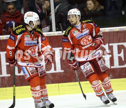 EBEL. Eishockey Bundesliga. EC KAC gegen EHC Liwest Black Wings Linz.  Torjubel Raphael Herburger, Tyler Spurgeon (KAC). Klagenfurt, am 15.3.2013.
Foto: Kuess 


---
pressefotos, pressefotografie, kuess, qs, qspictures, sport, bild, bilder, bilddatenbank