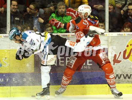 EBEL. Eishockey Bundesliga. EC KAC gegen EHC Liwest Black Wings Linz.  Mike Siklenka (KAC), Patrick Spannring (Linz). Klagenfurt, am 15.3.2013.
Foto: Kuess 


---
pressefotos, pressefotografie, kuess, qs, qspictures, sport, bild, bilder, bilddatenbank