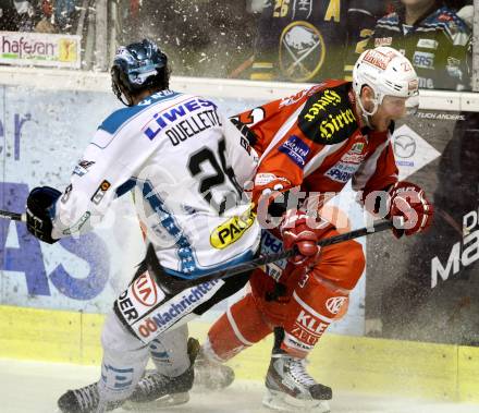 EBEL. Eishockey Bundesliga. EC KAC gegen EHC Liwest Black Wings Linz.  Mike Siklenka,  (KAC), Mike Ouelette (Linz). Klagenfurt, am 15.3.2013.
Foto: Kuess 


---
pressefotos, pressefotografie, kuess, qs, qspictures, sport, bild, bilder, bilddatenbank