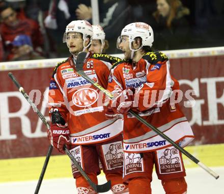 EBEL. Eishockey Bundesliga. EC KAC gegen EHC Liwest Black Wings Linz.  Torjubel Raphael Herburger, Tyler Spurgeon (KAC). Klagenfurt, am 15.3.2013.
Foto: Kuess 


---
pressefotos, pressefotografie, kuess, qs, qspictures, sport, bild, bilder, bilddatenbank