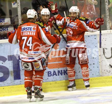 EBEL. Eishockey Bundesliga. EC KAC gegen EHC Liwest Black Wings Linz.  Torjubel Thomas Koch, John Lammers, Jamie Lundmark (KAC). Klagenfurt, am 15.3.2013.
Foto: Kuess 


---
pressefotos, pressefotografie, kuess, qs, qspictures, sport, bild, bilder, bilddatenbank