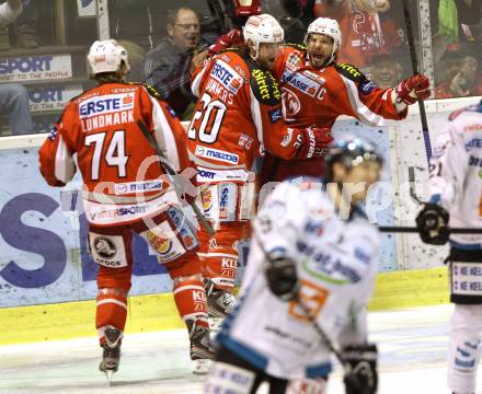 EBEL. Eishockey Bundesliga. EC KAC gegen EHC Liwest Black Wings Linz. Torjubel Thomas Koch, John Lammers, Jamie Lundmark (KAC). Klagenfurt, am 15.3.2013.
Foto: Kuess 


---
pressefotos, pressefotografie, kuess, qs, qspictures, sport, bild, bilder, bilddatenbank