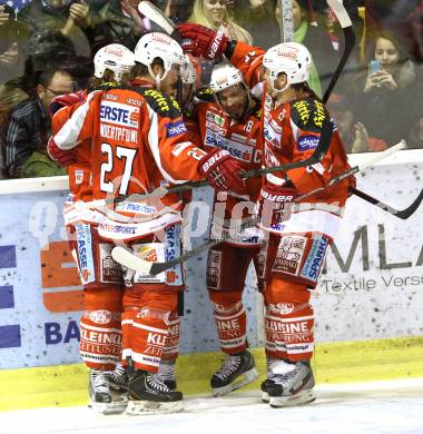 EBEL. Eishockey Bundesliga. EC KAC gegen EHC Liwest Black Wings Linz.  Torjubel Thomas Koch. John Lammers, Jamie Lundmark, Thomas Hundertpfund, Kirk Furey (KAC). Klagenfurt, am 15.3.2013.
Foto: Kuess 


---
pressefotos, pressefotografie, kuess, qs, qspictures, sport, bild, bilder, bilddatenbank