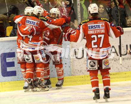 EBEL. Eishockey Bundesliga. EC KAC gegen EHC Liwest Black Wings Linz.  Torjubel Thomas Koch, John Lammers, Jamie Lundmark (KAC). Klagenfurt, am 15.3.2013.
Foto: Kuess 


---
pressefotos, pressefotografie, kuess, qs, qspictures, sport, bild, bilder, bilddatenbank