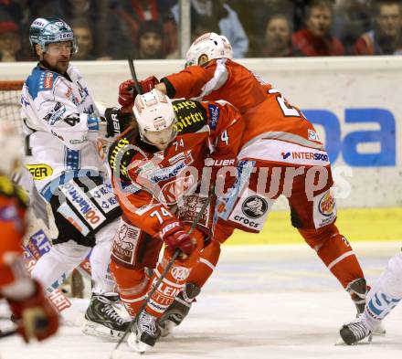 EBEL. Eishockey Bundesliga. EC KAC gegen EHC Liwest Black Wings Linz.  Jamie Lundmark, Mike Siklenka, (KAC), Curtis Murphy  (Linz). Klagenfurt, am 19.3.2013.
Foto: Kuess 


---
pressefotos, pressefotografie, kuess, qs, qspictures, sport, bild, bilder, bilddatenbank