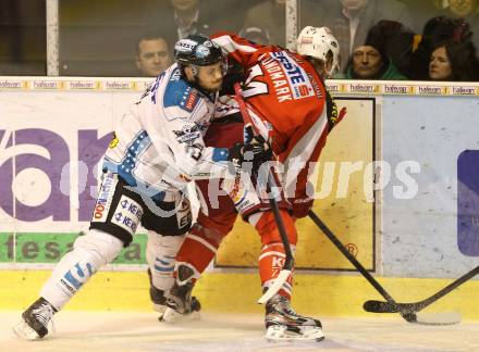 EBEL. Eishockey Bundesliga. EC KAC gegen EHC Liwest Black Wings Linz. Jamie Lundmark (KAC), Philipp Lukas  (Linz). Klagenfurt, am 19.3.2013.
Foto: Kuess 


---
pressefotos, pressefotografie, kuess, qs, qspictures, sport, bild, bilder, bilddatenbank