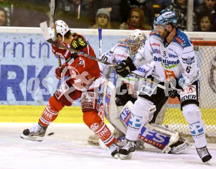 EBEL. Eishockey Bundesliga. EC KAC gegen EHC Liwest Black Wings Linz.  Raphael Herburger,  (KAC), Andrew Hedlund (Linz). Klagenfurt, am 19.3.2013.
Foto: Kuess 


---
pressefotos, pressefotografie, kuess, qs, qspictures, sport, bild, bilder, bilddatenbank