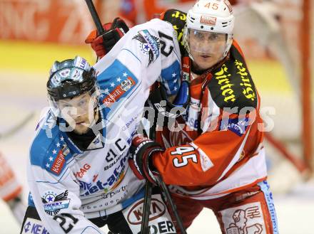 EBEL. Eishockey Bundesliga. EC KAC gegen EHC Liwest Black Wings Linz.  David Schuller, (KAC),  Philipp Lukas (Linz). Klagenfurt, am 19.3.2013.
Foto: Kuess 


---
pressefotos, pressefotografie, kuess, qs, qspictures, sport, bild, bilder, bilddatenbank