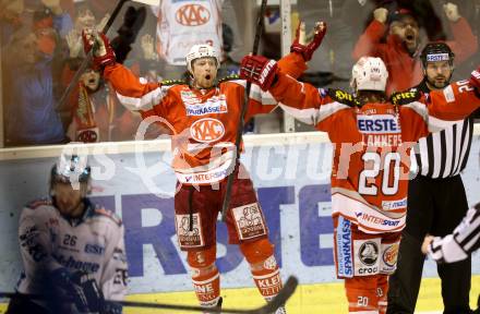 EBEL. Eishockey Bundesliga. EC KAC gegen EHC Liwest Black Wings Linz.  Torjubel Jamie Lundmark, John Lammers (KAC). Klagenfurt, am 19.3.2013.
Foto: Kuess 


---
pressefotos, pressefotografie, kuess, qs, qspictures, sport, bild, bilder, bilddatenbank