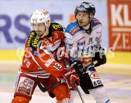 EBEL. Eishockey Bundesliga. EC KAC gegen EHC Liwest Black Wings Linz.  Johannes Kirisits,  (KAC), Mike Ouellette (Linz). Klagenfurt, am 19.3.2013.
Foto: Kuess 


---
pressefotos, pressefotografie, kuess, qs, qspictures, sport, bild, bilder, bilddatenbank