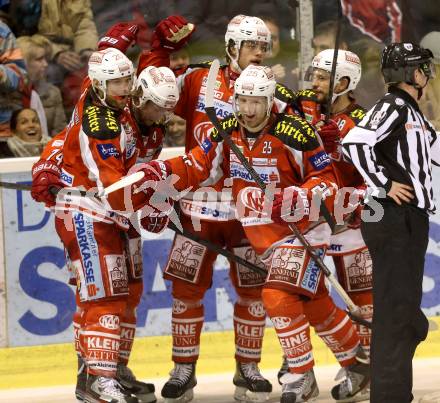 EBEL. Eishockey Bundesliga. EC KAC gegen EHC Liwest Black Wings Linz.  Torjubel John Lammers, Kirk Furey, Thomas HUndertpfund, Thomas Koch (KAC). Klagenfurt, am 19.3.2013.
Foto: Kuess 


---
pressefotos, pressefotografie, kuess, qs, qspictures, sport, bild, bilder, bilddatenbank