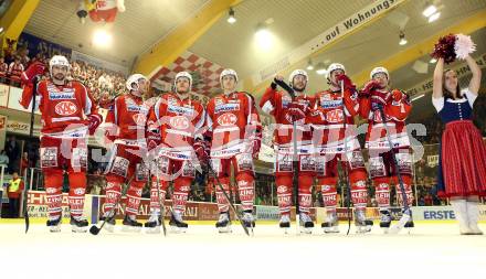 EBEL. Eishockey Bundesliga. EC KAC gegen EHC Liwest Black Wings Linz.  Florian Iberer, Thomas Hundertpfund, Manuel Geier, Maximilian Isopp, Tyler Spurgeon, Nikolaus Holzer, Tyler Scofield (KAC). Klagenfurt, am 19.3.2013.
Foto: Kuess 


---
pressefotos, pressefotografie, kuess, qs, qspictures, sport, bild, bilder, bilddatenbank