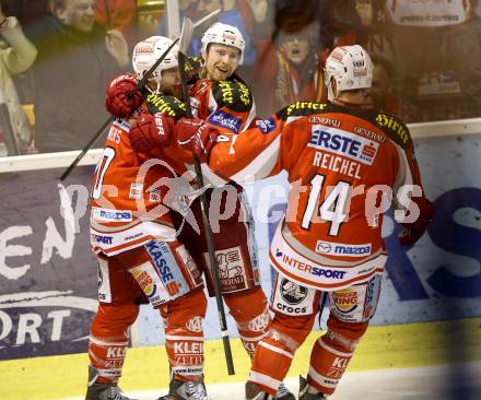 EBEL. Eishockey Bundesliga. EC KAC gegen EHC Liwest Black Wings Linz.  Torjubel Jamie Lundmark, John Lammers, Johannes Reichel (KAC). Klagenfurt, am 19.3.2013.
Foto: Kuess 


---
pressefotos, pressefotografie, kuess, qs, qspictures, sport, bild, bilder, bilddatenbank