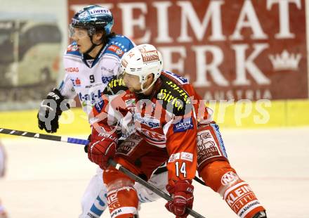 EBEL. Eishockey Bundesliga. EC KAC gegen EHC Liwest Black Wings Linz. Johannes Reichel (KAC), Danny Irmen (Linz). Klagenfurt, am 19.3.2013.
Foto: Kuess 


---
pressefotos, pressefotografie, kuess, qs, qspictures, sport, bild, bilder, bilddatenbank